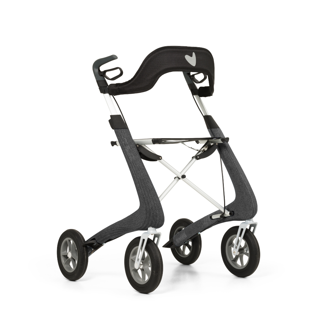 The byACRE Nordic Pioneer Lightweight Folding Rollator weighs just 13 lbs and features four wheels, a black seat backrest, curved frame, and stylish black and silver accents for modern mobility support.